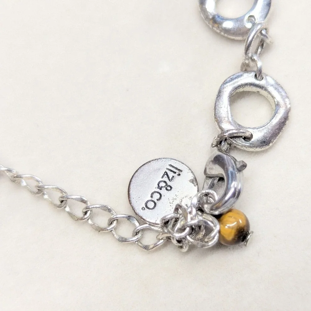 Liz & Co Claiborne Circle Link Necklace SilverTone Textured Modernist Tiger Eye